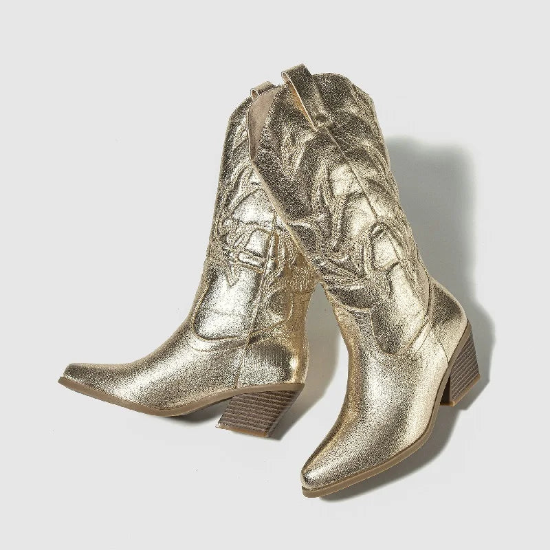 Eilyken Designer Embroidery Knee-High Boots Women Handmade Western Cowboy Booties Street Low Heels Shoes Zapatos De Mujer