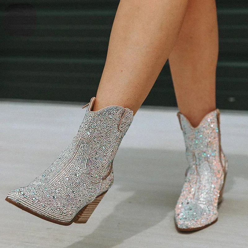 Western Cowboy Boots Fashion Women Ankle Boots Glitter Bling Shiny Trend High Heels High Quality Shoes