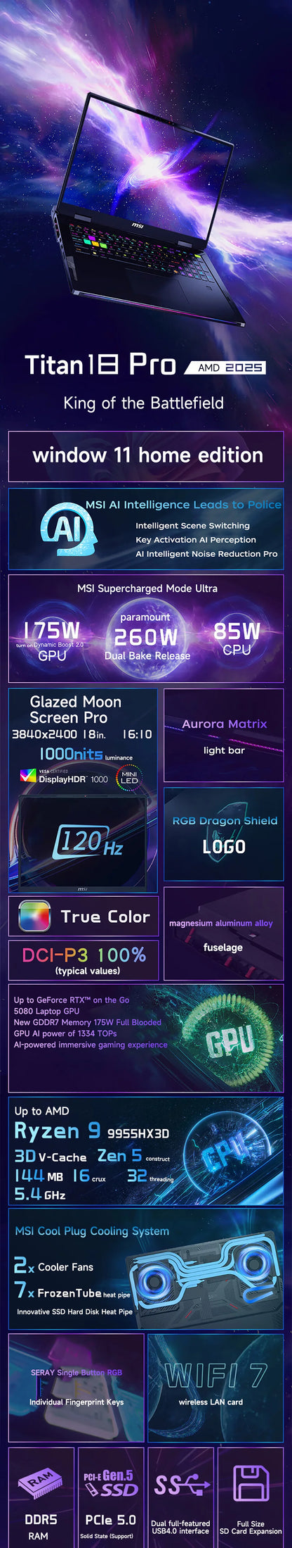 2025 MSI Raider A18 HX Gaming Laptop 18 Inch Mini LED 4K 120Hz UHD+ Screen Netbook AMD R9-9955HX3D 64GB 2TB RTX5080 Notebook PC