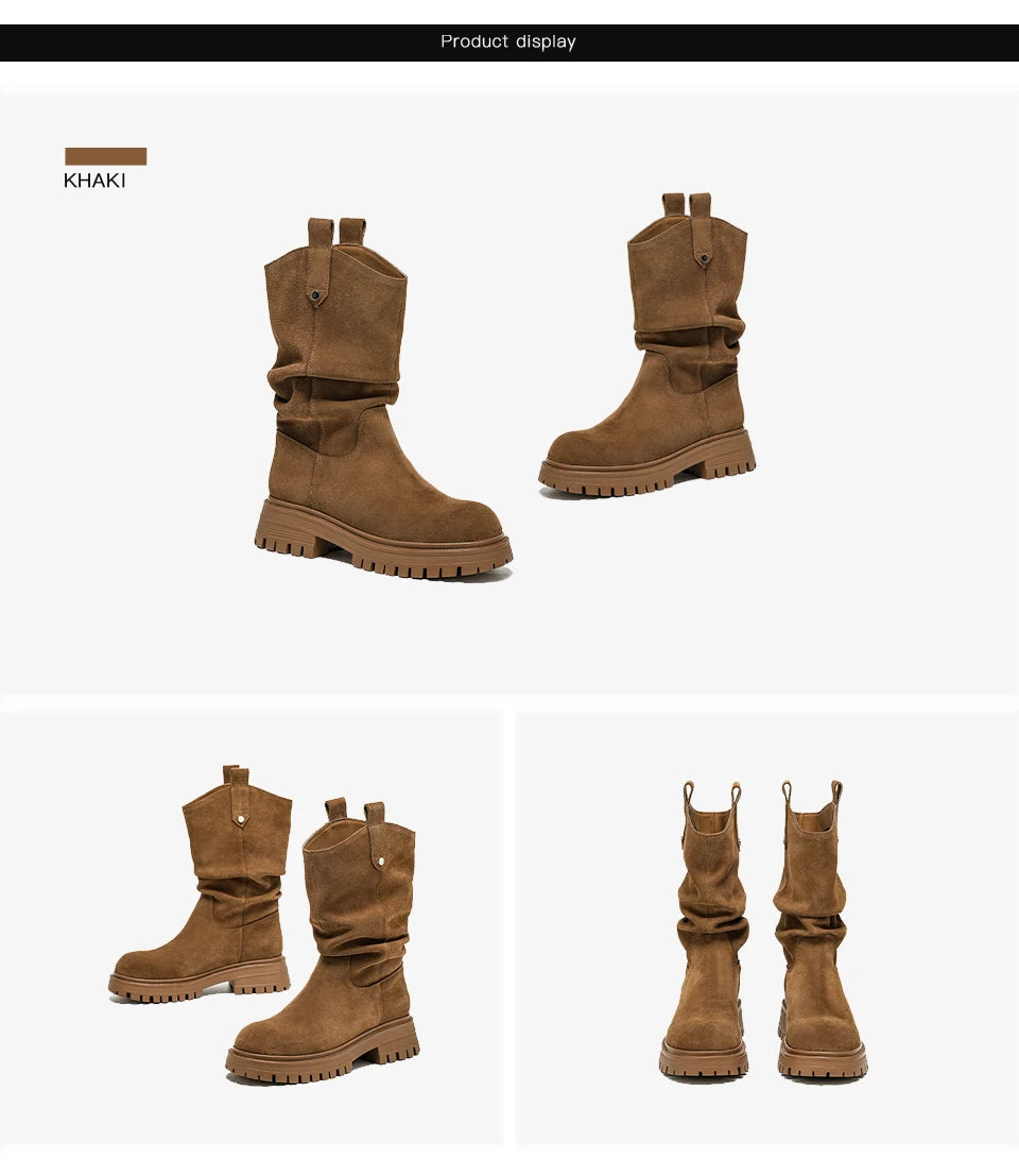 BEAUTODAY Ruched Western Boots Women Cow Suede Leather Rivet Decoration Round Toe Solid Color Autumn Winter Shoes Handmade 06304