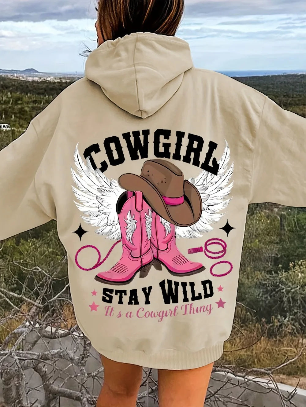 Western Chic Cowgirl Hoodie Soft Stretch Long Sleeve Pullover Sweatshirt with Hood Embroidered Cowboy Hat and Boots