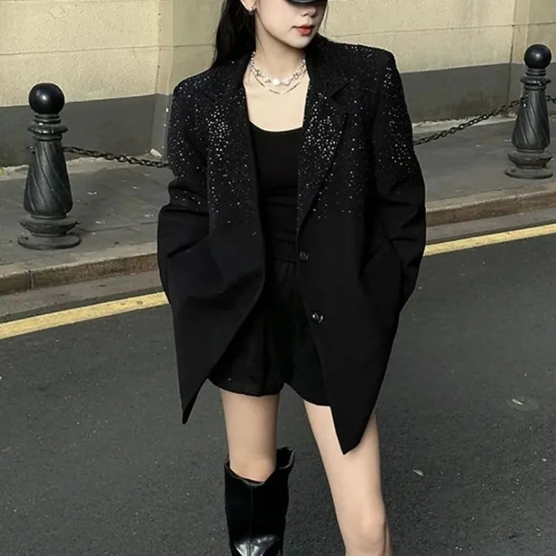 Senior Heavy Industry Suit Jacket Women 2024 Spring Autumn New Korean Version Rhinestone Western Style Blazer Coat Female Tops
