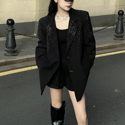Senior Heavy Industry Suit Jacket Women 2024 Spring Autumn New Korean Version Rhinestone Western Style Blazer Coat Female Tops