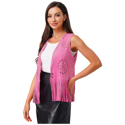 Débardeur vintage à franges style cowgirl hippie style années 70 pour femme, style disco, style années 70, ajouré, pompon, gilet en faux daim