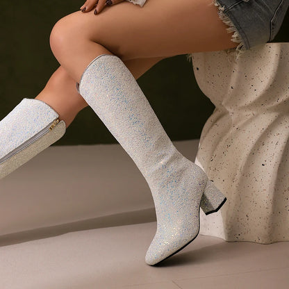 Grainy Sequin Women's Tall Boots Bling Sung Fit Knee High Boots 6.5cm Heels Comfy 2024 Winter Shoes