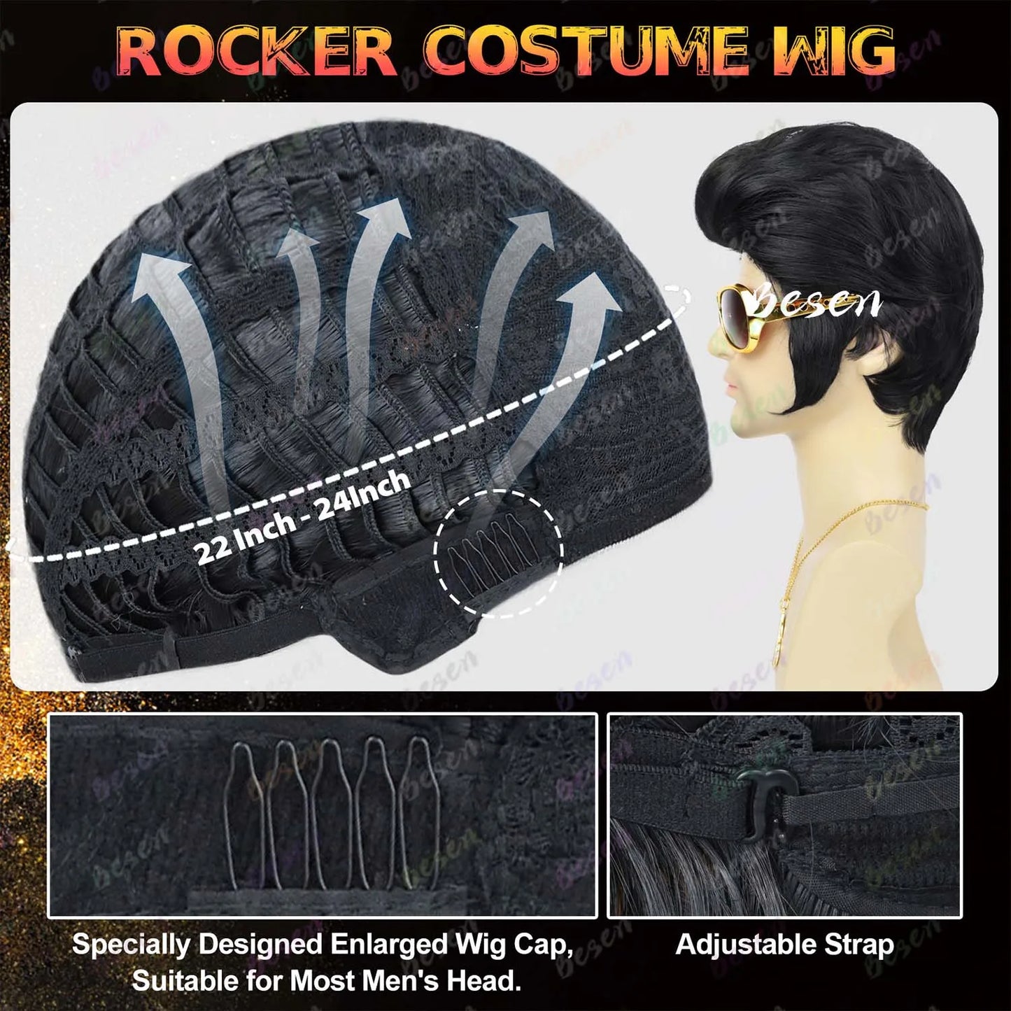 Perruque synthétique de légende du rock des années 50 et 60 pour homme, perruque Le King des années 1950, perruque de costume de chanteur rocker avec accessoires pour cosplay, fête d'Halloween