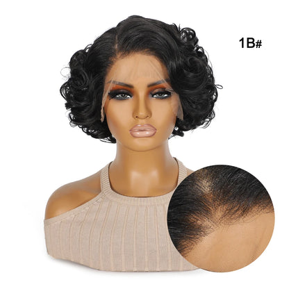 10 Inch Short Curly Wavy Blonde Black Grey Synthetic Wig for Women Natural Look T-Part Lace Front Hair Replacement