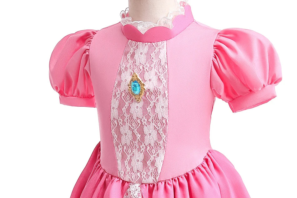 Peach Princess Costume with LED Color Light Toddler Birthday Game Role Play Dress Girl Halloween Festival Gown Pink Lace 2-9 Y C