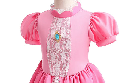 Peach Princess Costume with LED Color Light Toddler Birthday Game Role Play Dress Girl Halloween Festival Gown Pink Lace 2-9 Y C