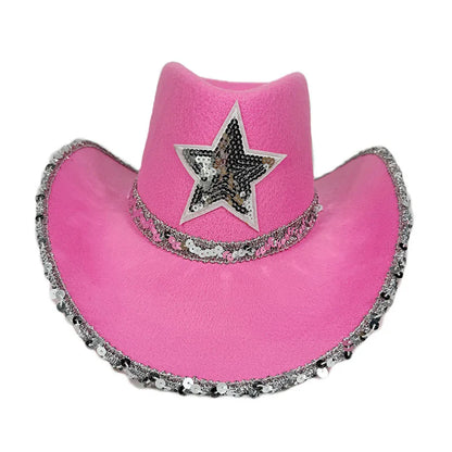 Pink Cowboy Hat For Women Girls Wide Brim Western Hat Glitter Crown Sequin Cap Performance Costume Cowgirl Hat For Wedding Party