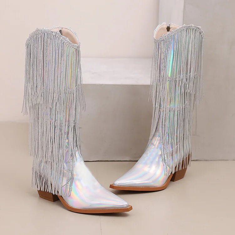 Bottes western à sequins et pompons, noires et argentées, courtes, en peluche, automne/hiver, talon de 6,5 cm, style bohème, hauteur genou, pointures 36 a 46.