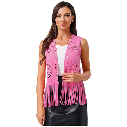 Womens Western Cowgirl Fringe Hippy Cosplay Costume 70s Disco Vest Vintage Hollow Out Tassel Tank Tops Faux Suede Waistcoat