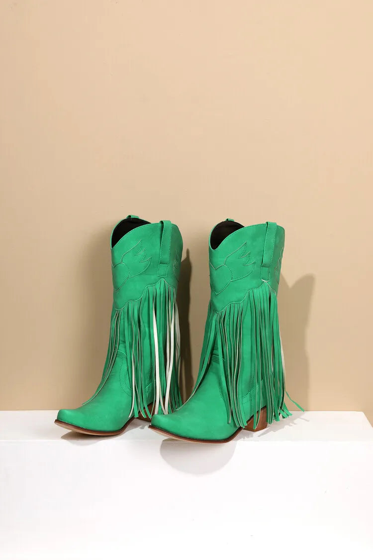 Nouvelles bottes de cowboy rétro ethniques pour femmes avec pompon à talon moyen, chaussures d'hiver pour femmes