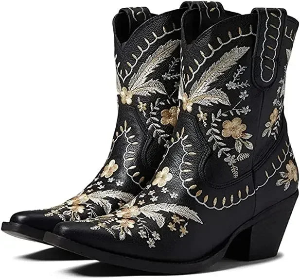 New 2025 Embroidered Western Boots For Women Ankle Bootie Cowboy Cowgirls Flower Print Fashion Chunke Heel Slip On Ankle Boots