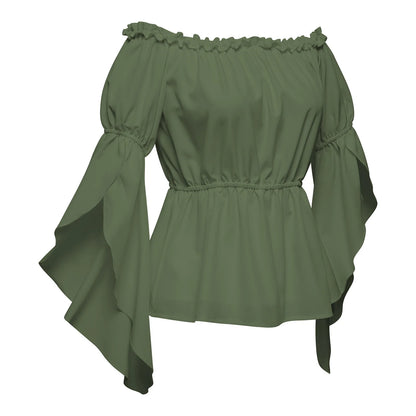 Chemises à volants Renaissance pour femmes, chemisier plissé à manches froissées, épaules dénudées, col bateau, chemise médiévale, chemise victorienne