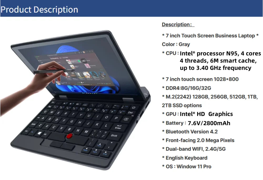 7 Inch Mini Laptop 16G 1TB N95 Notebook IPS Touch Screen Portable Netbook Win 11 Pro Mini PC Micro Computer Bluetooth 4.2