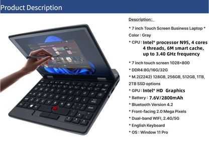 7 Inch Mini Laptop 16G 1TB N95 Notebook IPS Touch Screen Portable Netbook Win 11 Pro Mini PC Micro Computer Bluetooth 4.2