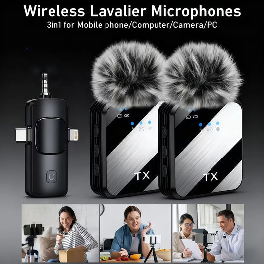 Wireless lapel microphone portable audio and video recording mini microphone suitable for iPhone, Android outdoor live streaming