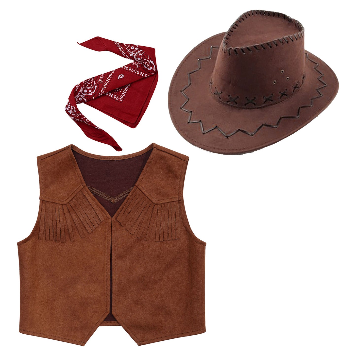 Gilet de cowboy western pour garçon, costume hippie cosplay, ourlet à franges, gilet ouvert sur le devant avec bandana et chapeau en feutre à cordon