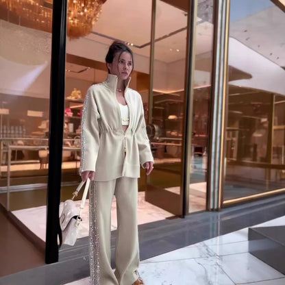 Ensemble deux pièces pour femme, mode automne-hiver, patchwork, paillettes, manches longues contrastées, fermeture éclair, manteau, pantalon large décontracté