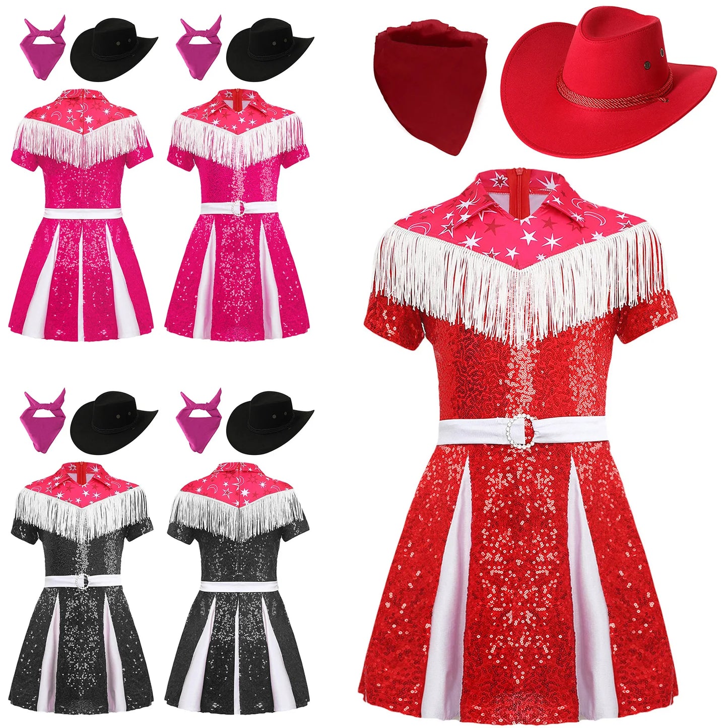 Costume de cow-girl western 3 pièces pour fille, robe plissée à paillettes avec chapeau de cowboy et bandana, pour Noël, Halloween, fête