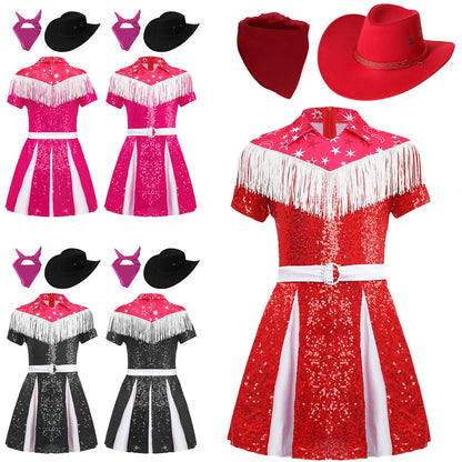 Costume de cow-girl western 3 pièces pour fille, robe plissée à paillettes avec chapeau de cowboy et bandana, pour Noël, Halloween, fête