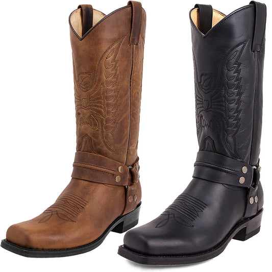 Bottes de cowboy western noires et marron en similicuir pour homme, chaussures d'hiver rétro brodées, mi-mollet, taille 48, nouvelle collection 2023