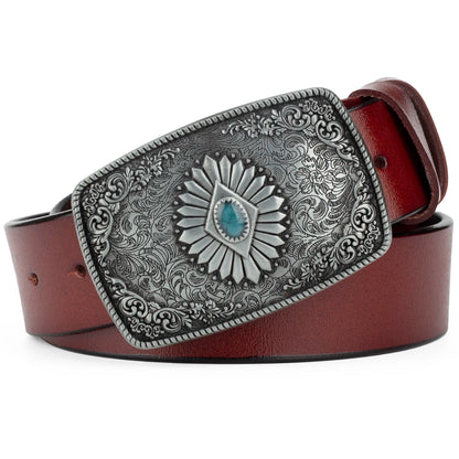 Ceinture classique en cuir véritable avec boucle en émail saphir et motif floral sculpté en argent pour femmes et hommes, cadeau