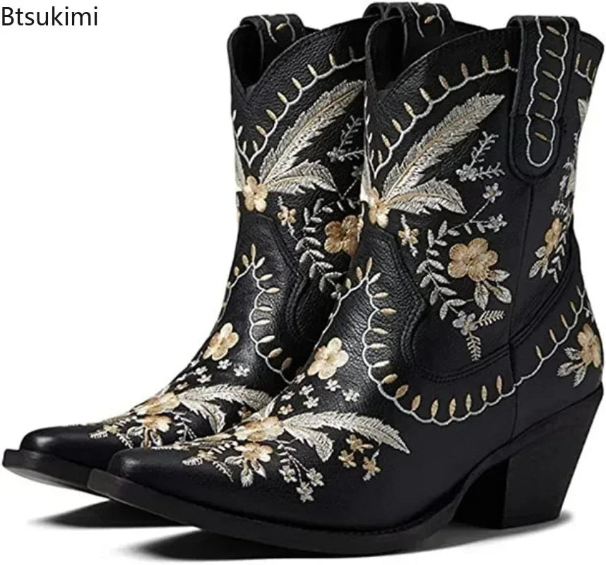 New 2025 Embroidered Western Boots For Women Ankle Bootie Cowboy Cowgirls Flower Print Fashion Chunke Heel Slip On Ankle Boots