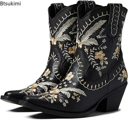 New 2025 Embroidered Western Boots For Women Ankle Bootie Cowboy Cowgirls Flower Print Fashion Chunke Heel Slip On Ankle Boots