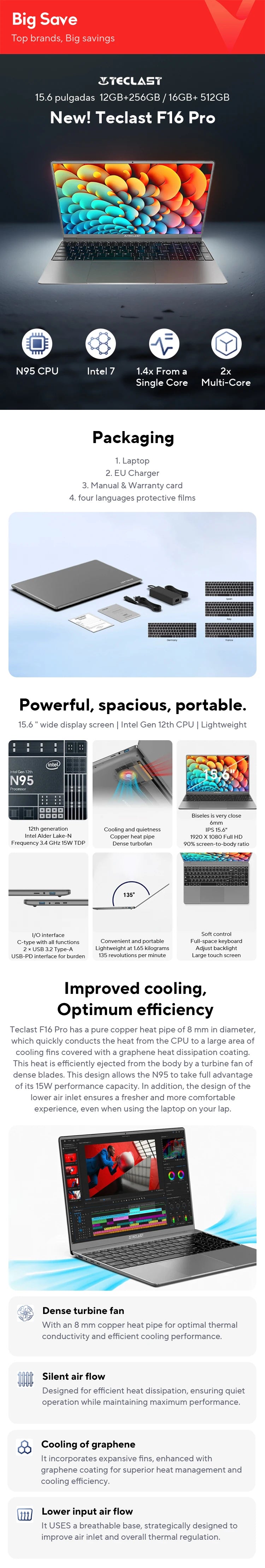 TECLAST F16Pro Laptop 15.6 inch, 16GB RAM 512GB SSD Computers, for Intel N95 CPU, IPS FHD 1080P Screen, WiFi 6, BT 5.0, USB3.2, Backlit Keyboard, 38000mWh