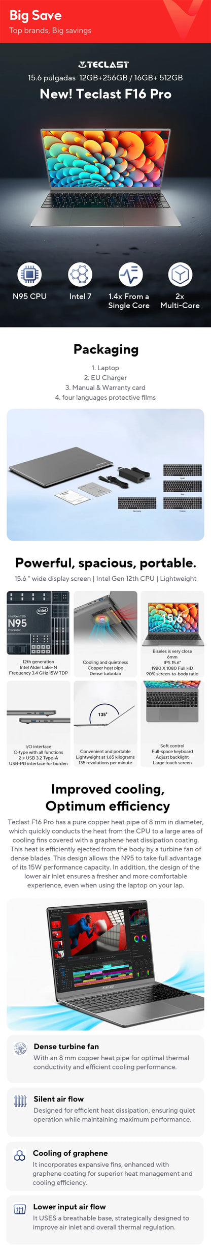 TECLAST F16Pro Laptop 15.6 inch, 16GB RAM 512GB SSD Computers, for Intel N95 CPU, IPS FHD 1080P Screen, WiFi 6, BT 5.0, USB3.2, Backlit Keyboard, 38000mWh