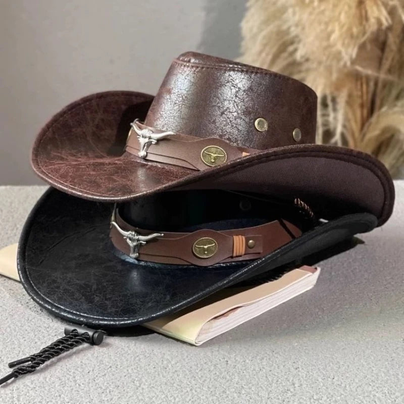 Fashion High Quality Retro Cow Head Decorate Western Cowboy Hat Faux Leather Gentleman Jazz Hats Men Panama Cowgirl Hat