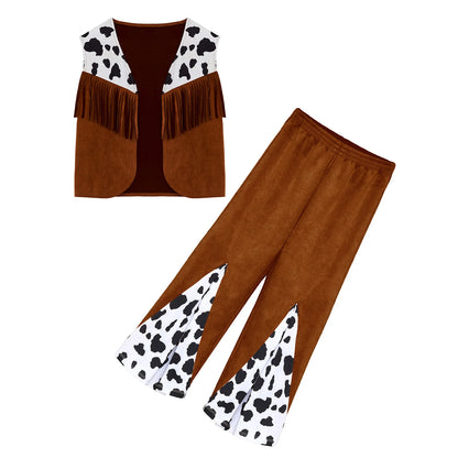 Kids Child Halloween Western Cowboy Cowgirl Cosplay Costume Cow Print Tassels Vest and Flared Pants Set Carnival Party Dress Up