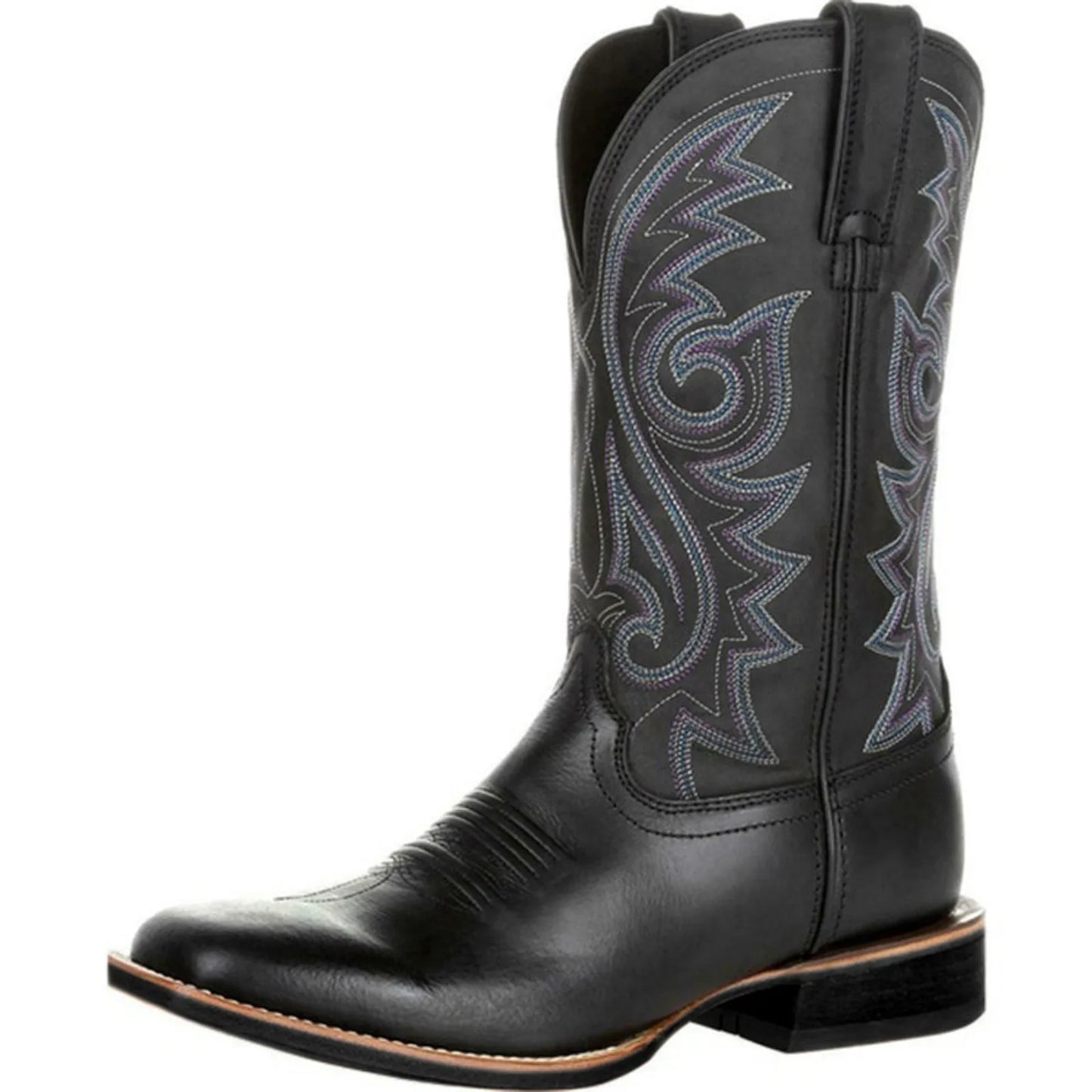 Men'S Western Cowboy Boots Black Brown Pu Leather Boots Retro Men Rading Boots Man Embroidered Mid-Calf Motorcycle Boots Size 48