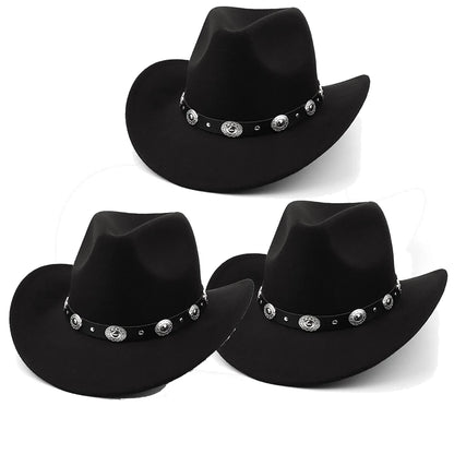 Womens Felt Western Cowboy Hats Studded Pinched Western Cowgirl Hats Wide Brim Retro Fedoras Hat Belt Buckle Vacation Party Hat