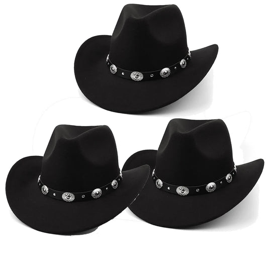 Womens Felt Western Cowboy Hats Studded Pinched Western Cowgirl Hats Wide Brim Retro Fedoras Hat Belt Buckle Vacation Party Hat