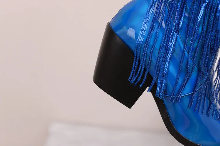 Bottes western à sequins et pompons, noires et argentées, courtes, en peluche, automne/hiver, talon de 6,5 cm, style bohème, hauteur genou, pointures 36 a 46.