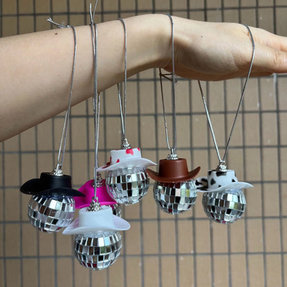 Pink Cowgirl CowBoy Hat Car Charm Rear View Mirror Hanging Disco Ball Bling Keychain Western Accessories Bag Decor Car Makeover