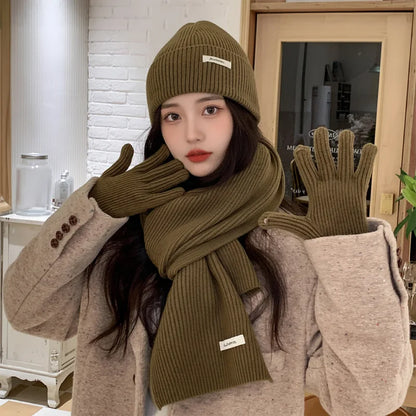 Ensemble chapeau, écharpe et gants en laine tricotée de couleur unie-ensemble de noël chaud du nouvel an rouge en faux cachemire automne/hiver