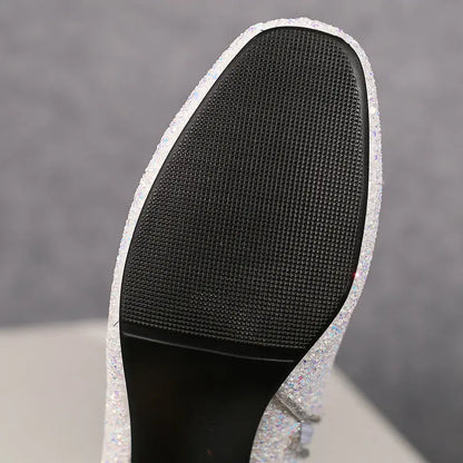 Grainy Sequin Women's Tall Boots Bling Sung Fit Knee High Boots 6.5cm Heels Comfy 2024 Winter Shoes