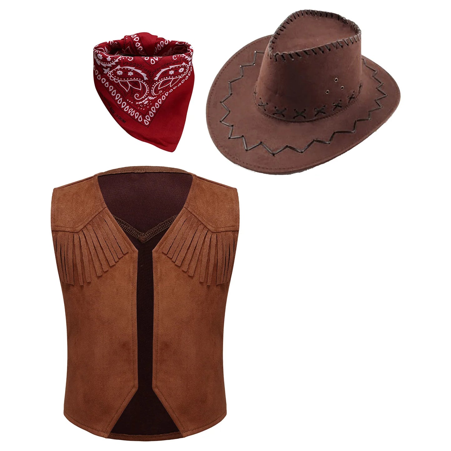Gilet de cowboy western pour garçon, costume hippie cosplay, ourlet à franges, gilet ouvert sur le devant avec bandana et chapeau en feutre à cordon