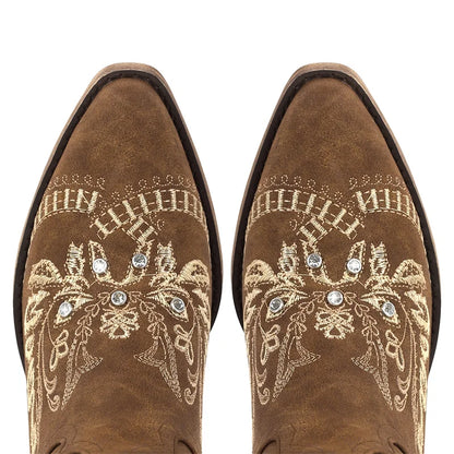 Bottes de cowboy blanches brodées Onlymaker pour femmes, à talon bloc, bout pointu, ornées de cristaux, style cowgirl.