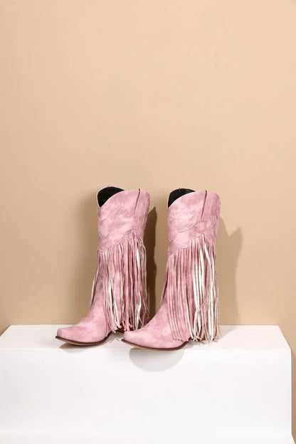 Nouvelles bottes de cowboy rétro ethniques pour femmes avec pompon à talon moyen, chaussures d'hiver pour femmes