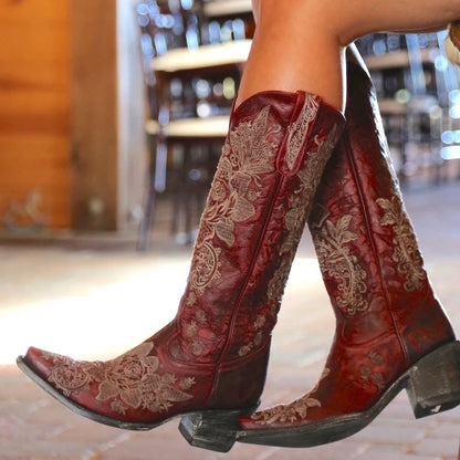 Western Style Women's Pointed Large Embroidered Rose High Heels Vintage Old Women's Boots High Barrel Western Boots