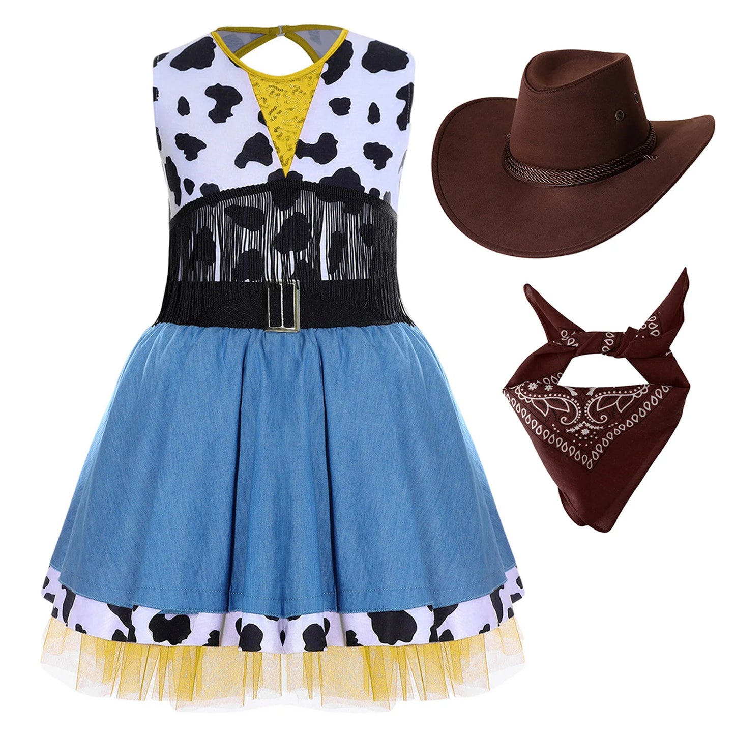 Costume de cow-girl western pour fille, 3 pièces, robe tutu à franges avec bandana et chapeau de cowboy