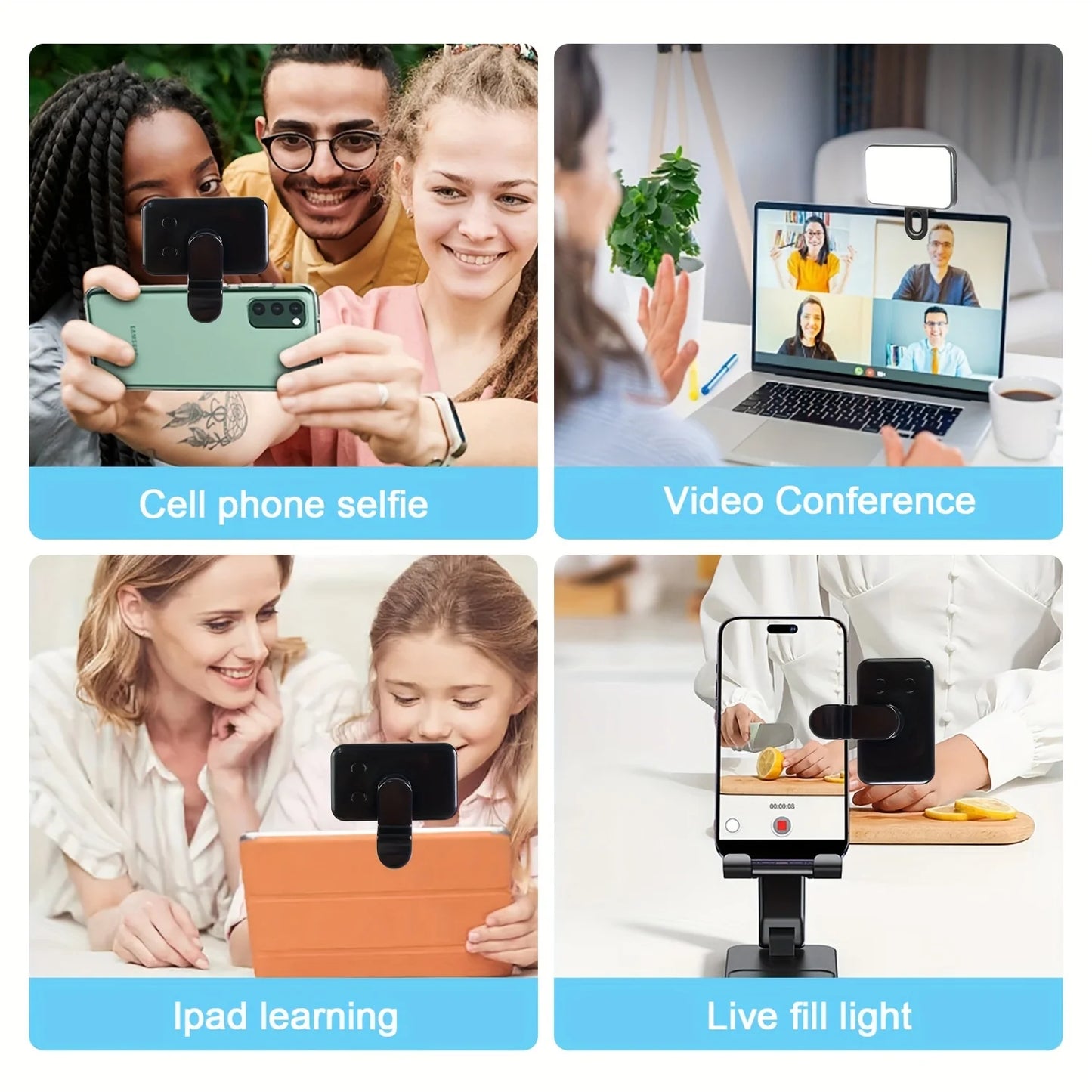 Lumière de remplissage pour selfie – Mini LED à clipser, rechargeable, 3 modes de couleur et luminosité réglable pour téléphones et ordinateurs