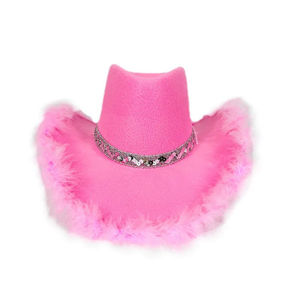 Pink Fur Brim Crown Cowboy Hat For Women'S Wide Brim Cowgirl Hat Bachelorette Party Carnival Western Headwear Cosplays Prop Caps