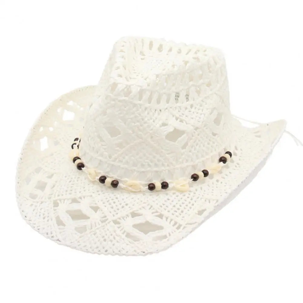 Chapeau de cowboy en paille pour hommes et femmes, chapeau de cow-girl occidental avec bord façonnable, chapeau de paille rétro tissé ajouré, chapeaux de soleil côtiers de plage