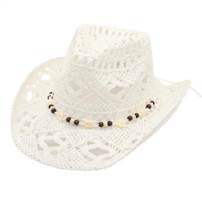 Chapeau de cowboy en paille pour hommes et femmes, chapeau de cow-girl occidental avec bord façonnable, chapeau de paille rétro tissé ajouré, chapeaux de soleil côtiers de plage